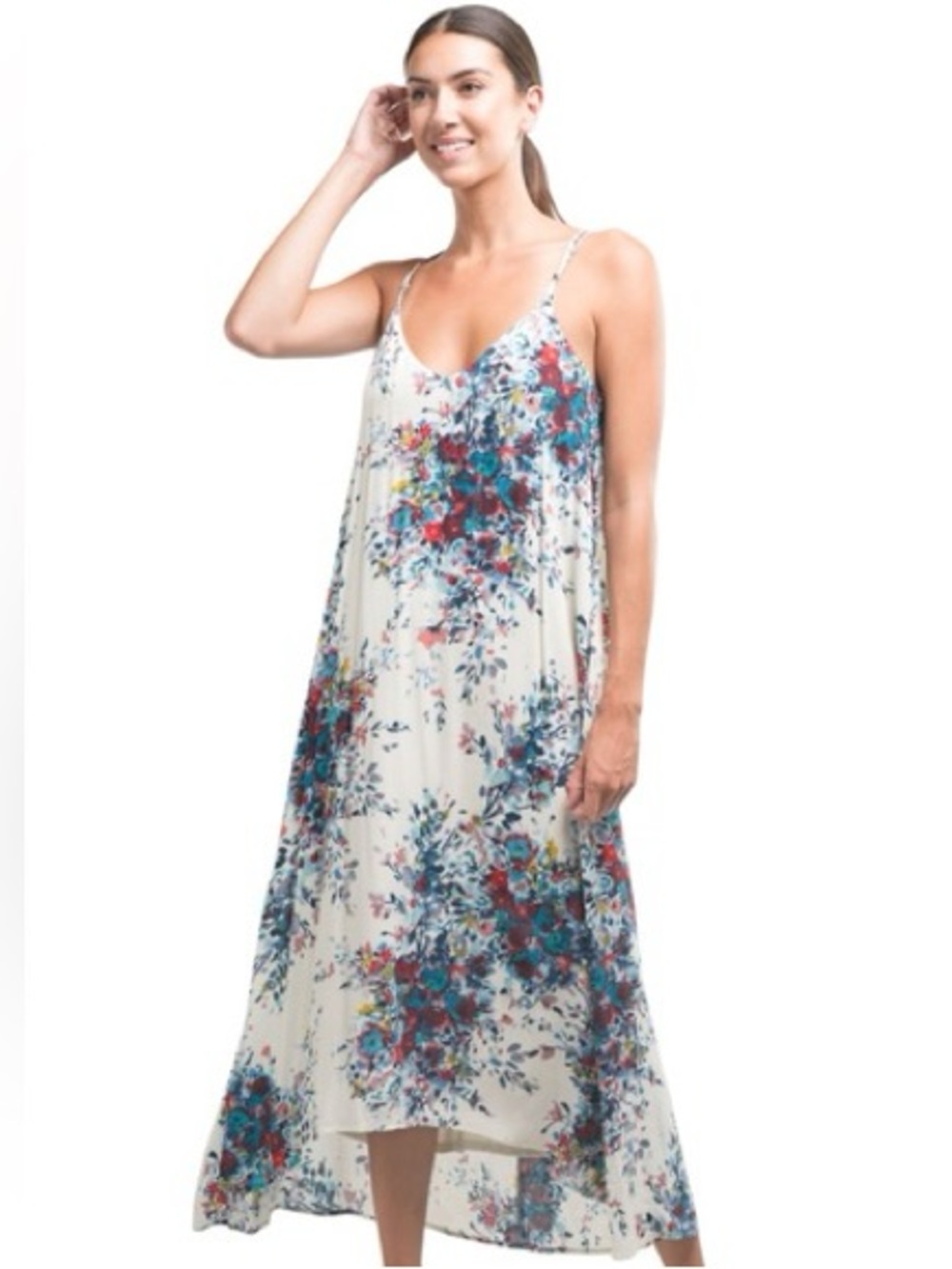 Love Stitch Watercolor Floral Strappy Back Maxi Dress White Large Bohemian